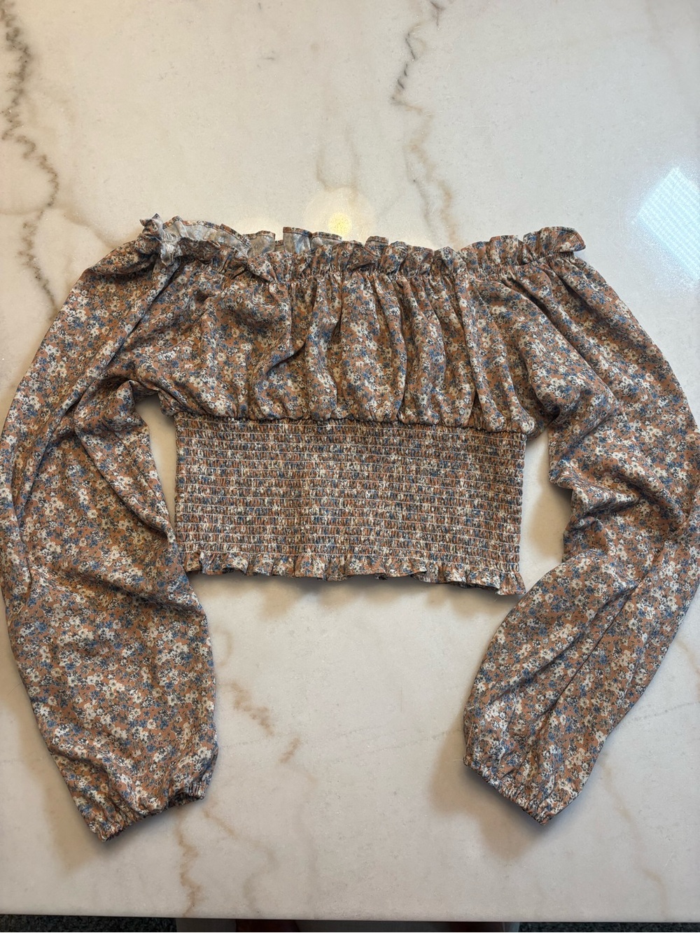 Smocked Off-Shoulder Floral Crop Top in Brown - Picture 2 of 4